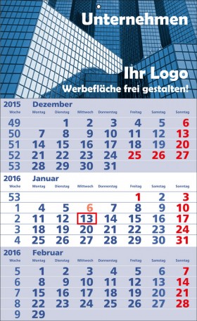 Wahlweise können Sie die 3-Monats-Wandkalender auch in blauer Grundfarbe drucken lassen.
