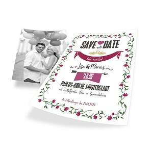 Hochzeitskarten save the date im Hipster-Design A6 hoch online gestalten und drucken lassen.