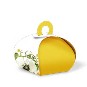 Hübsche Blumen-Ornamentik auf Hochzeits-Geschenkverpackung in gelb-grün