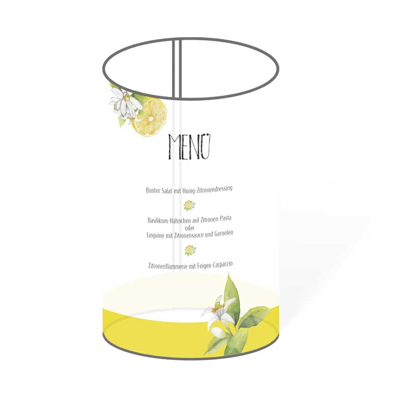 Hochzeits-Menükarte für ein Windlicht im trendigen Zitronen-Design