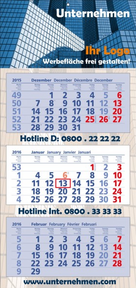 Wählen Sie die Farbe des Kalendariums passend zu Ihrem Unternehmen-CI. Hier sehen Sie das blau-rote Kalendarium.
