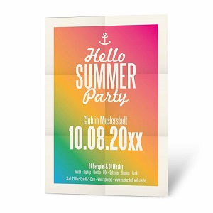 Plakatstil aus den 70-ern mit Regenbogenhintergrund für eine Hello Summer-Party