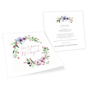 Boho Hochzeitskarte mit Blumenkranz in Pastelltönen online gestalten 