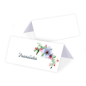 Personalisierbare Tischkarte für die Hochzeitsfeier mit Blumenkranz in Pastelltönen 