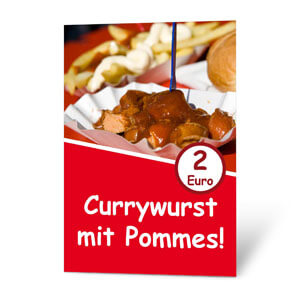 Sie verkaufen Currywurst mit Pommes? Dann erstellen Sie doch dieses Plakat ganz einfach online.