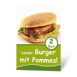 Dieses Plakat mit Lecker Burger sieht sehr appetitlich aus. Setzen Sie Ihr Logo dazu und der Verkauf funktioniert.