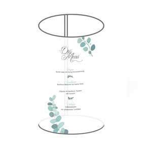 Hochzeits-Menükarte im Eucalyptus-Design als kreativer Windlicht-Schutz