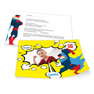 Geburtstags-Einladungskarte für kleine Superhelden mit eigenem Foto
