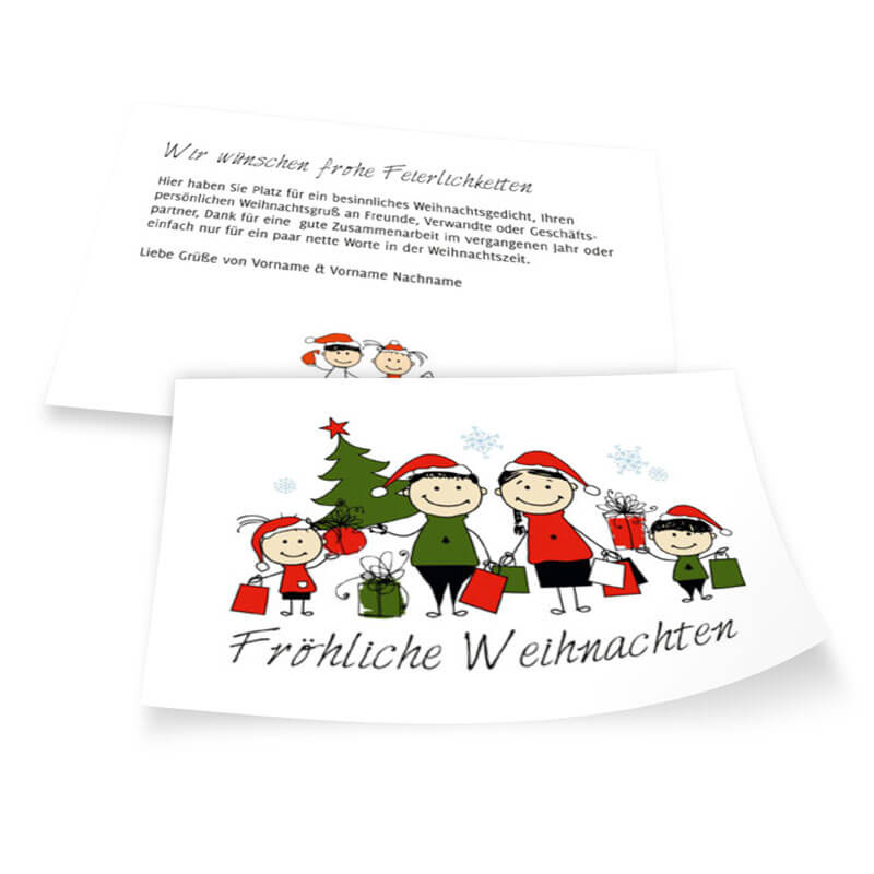 Fröhliche Weihnachtsfamily in Grün und Rot mit Weihnachtsbaum und Geschenken