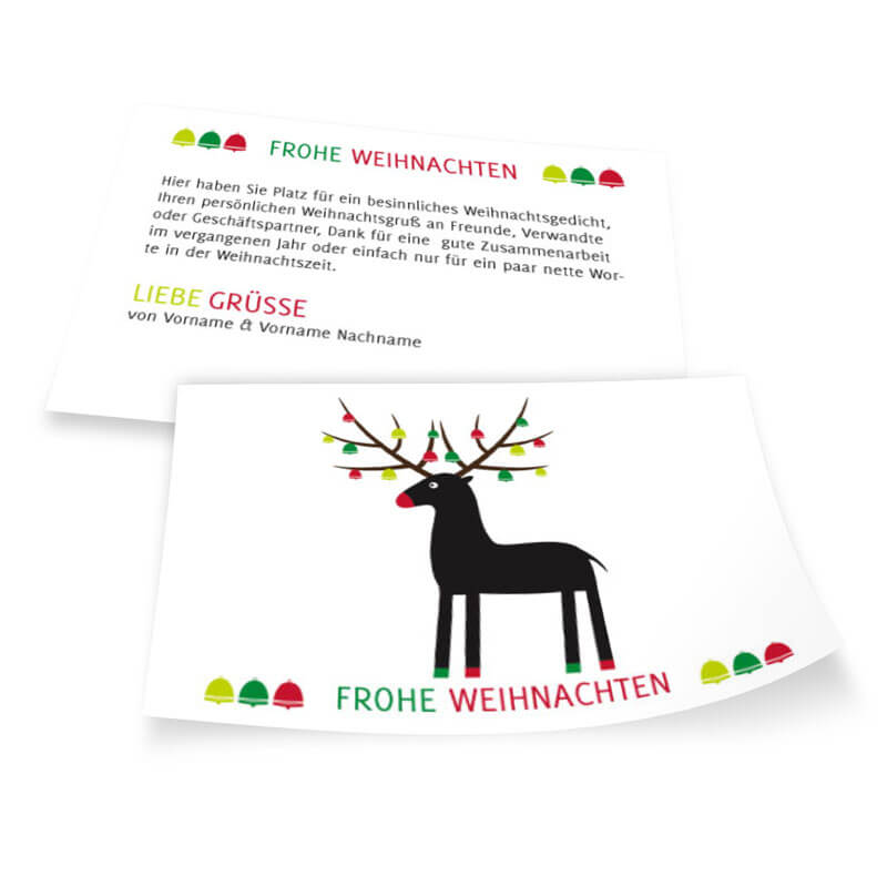 Minimalistische Weihnachtskarte mit Rentier und Glöckchen in Frühlingsgrün, Weihnachtsgrün und Rotviolett