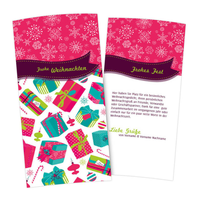Besonders schöne Weihnachtskarten im Retrodesign in den Farben Pink, Türkis und Grün