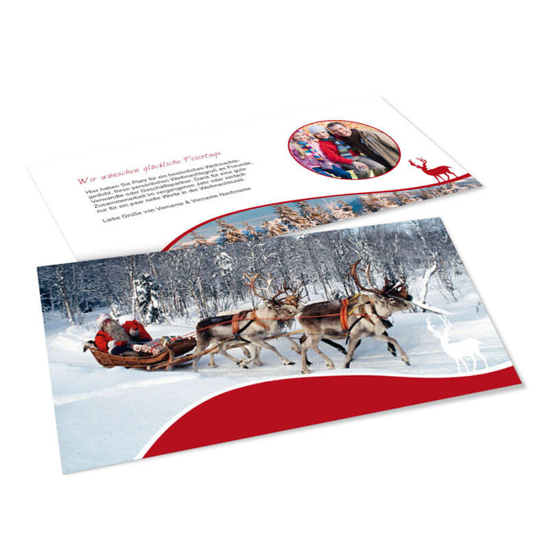 Schöne nordische Winterszene mit kraftvollem 4-Spänner als Blickfang auf Weihnachtskarte