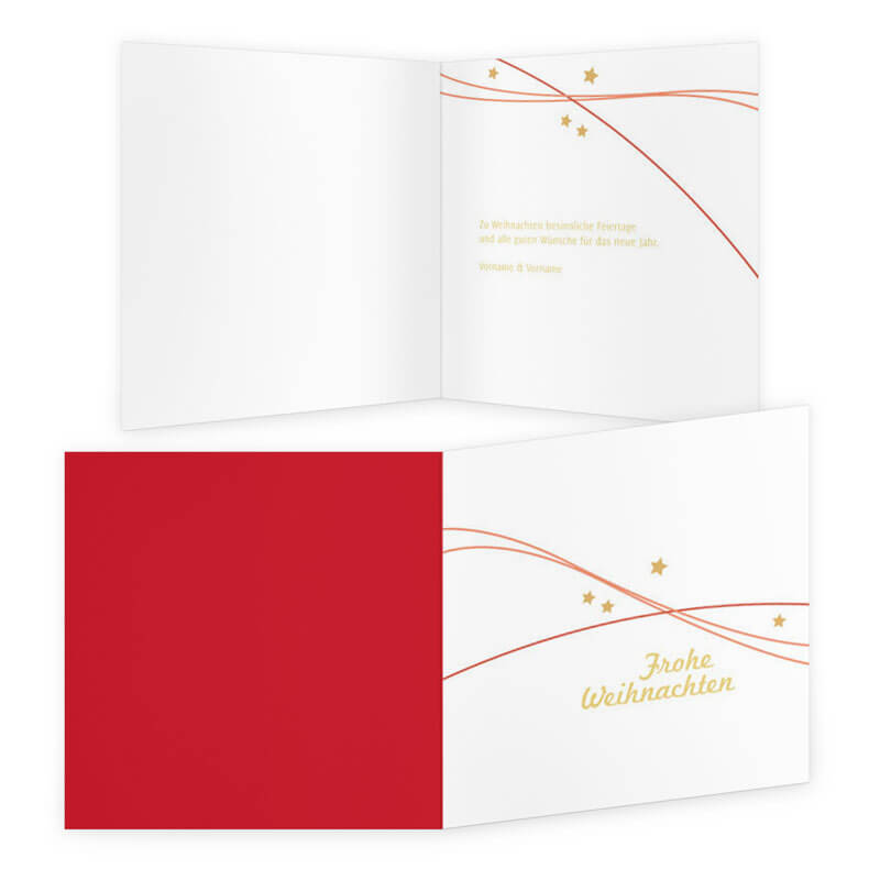 Rot ist die emotionalste aller Farben und bildet die Rückseitenfläche dieser feiner aber dynamischen Weihnachtskarte.