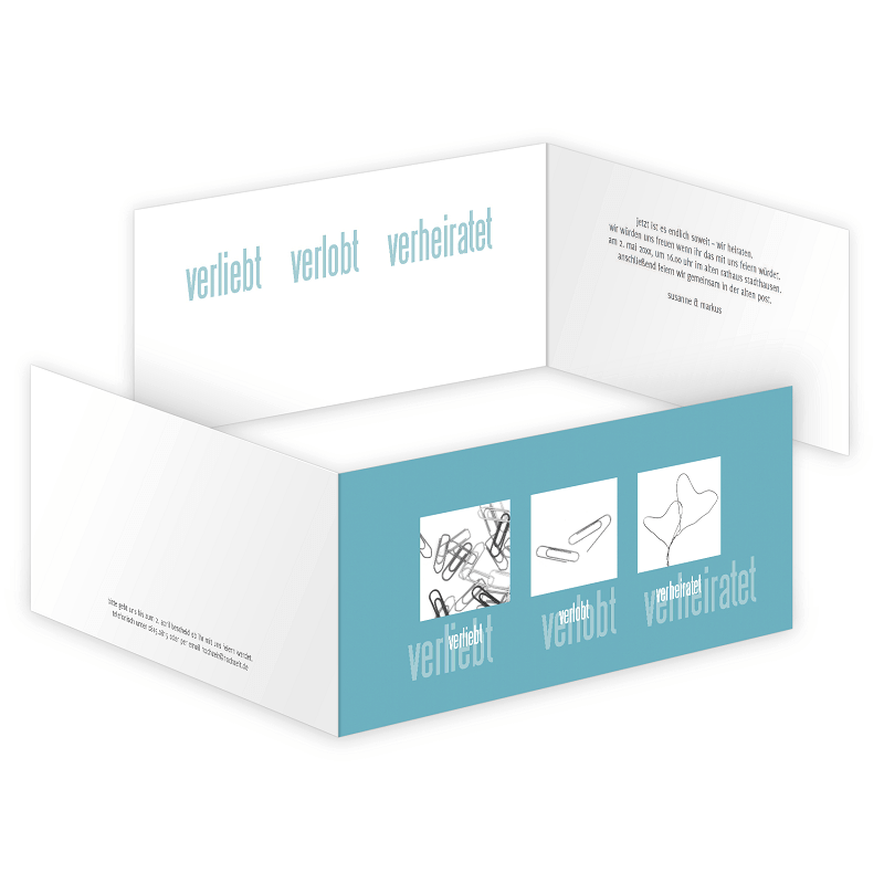 Diese kreative Hochzeitseinladung als Doppelkarte mit 4 Seiten können Sie nach Ihren Wünschen erstellen und drucken