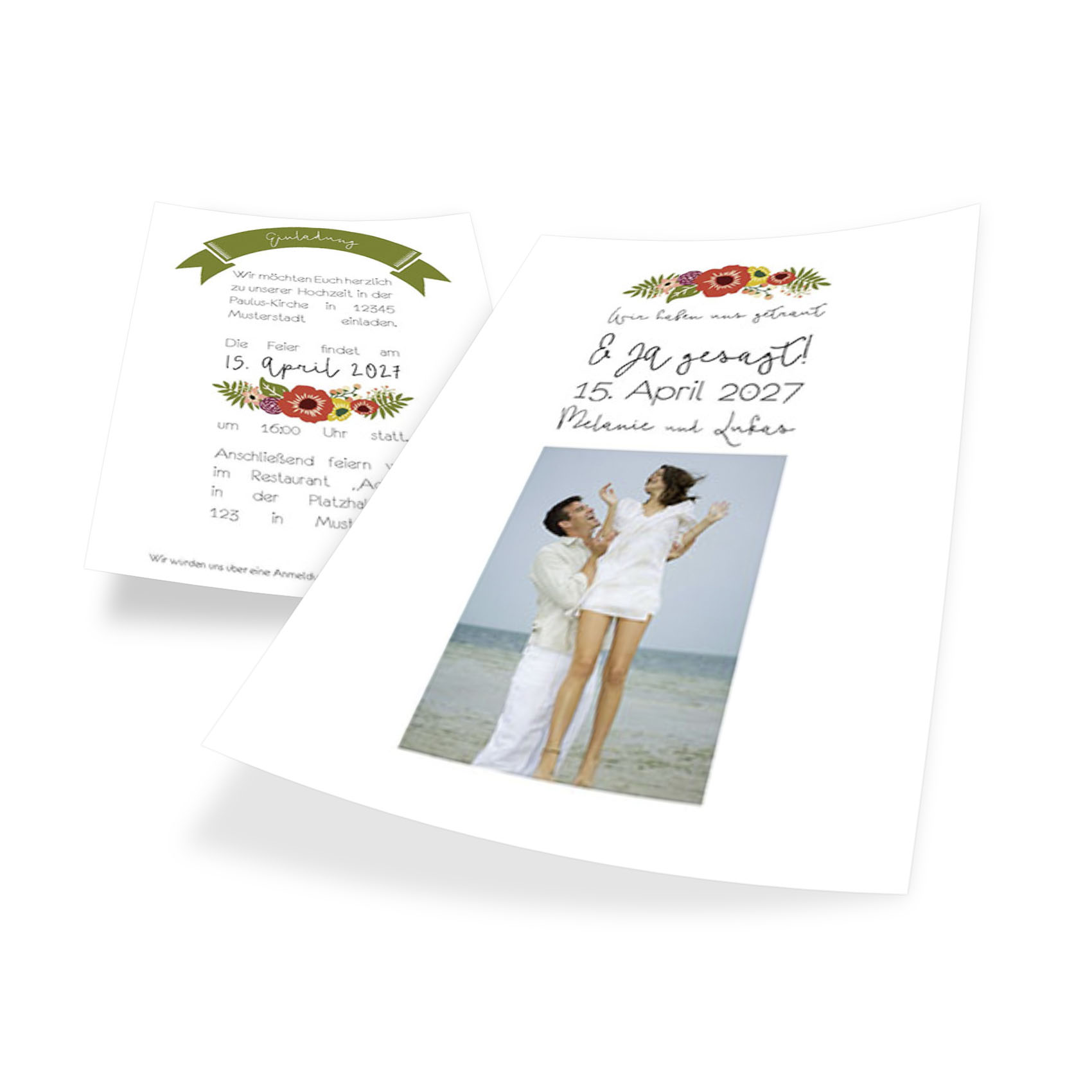 Wir haben uns getraut: Fröhliche Hochzeitskarte im Retrostyle im Format A5 hoch