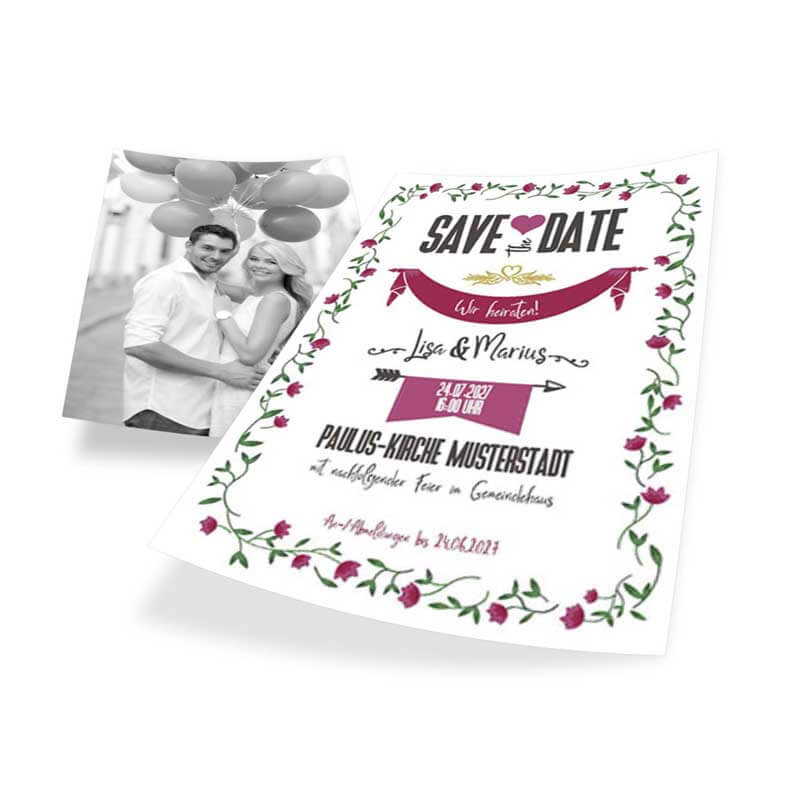 Hochzeitskarten save the date im Hipster-Design A6 hoch online gestalten und drucken lassen.