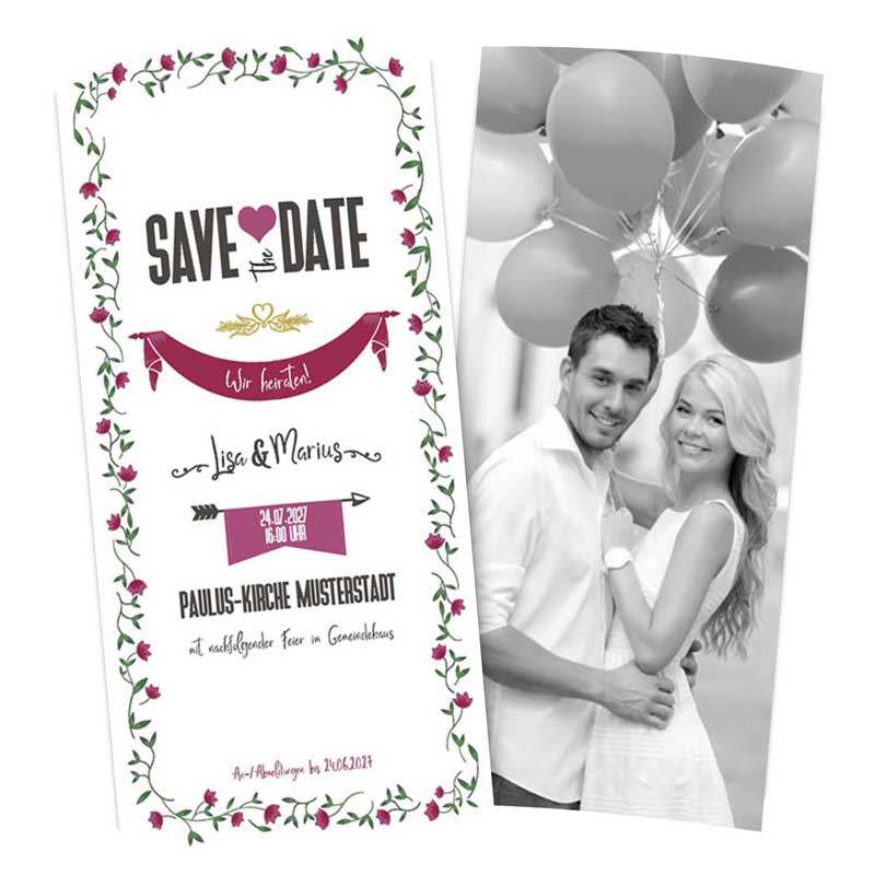 Hochzeitskarten save the date im beliebten Format DIN lang hoch online gestalten und drucken lassen.