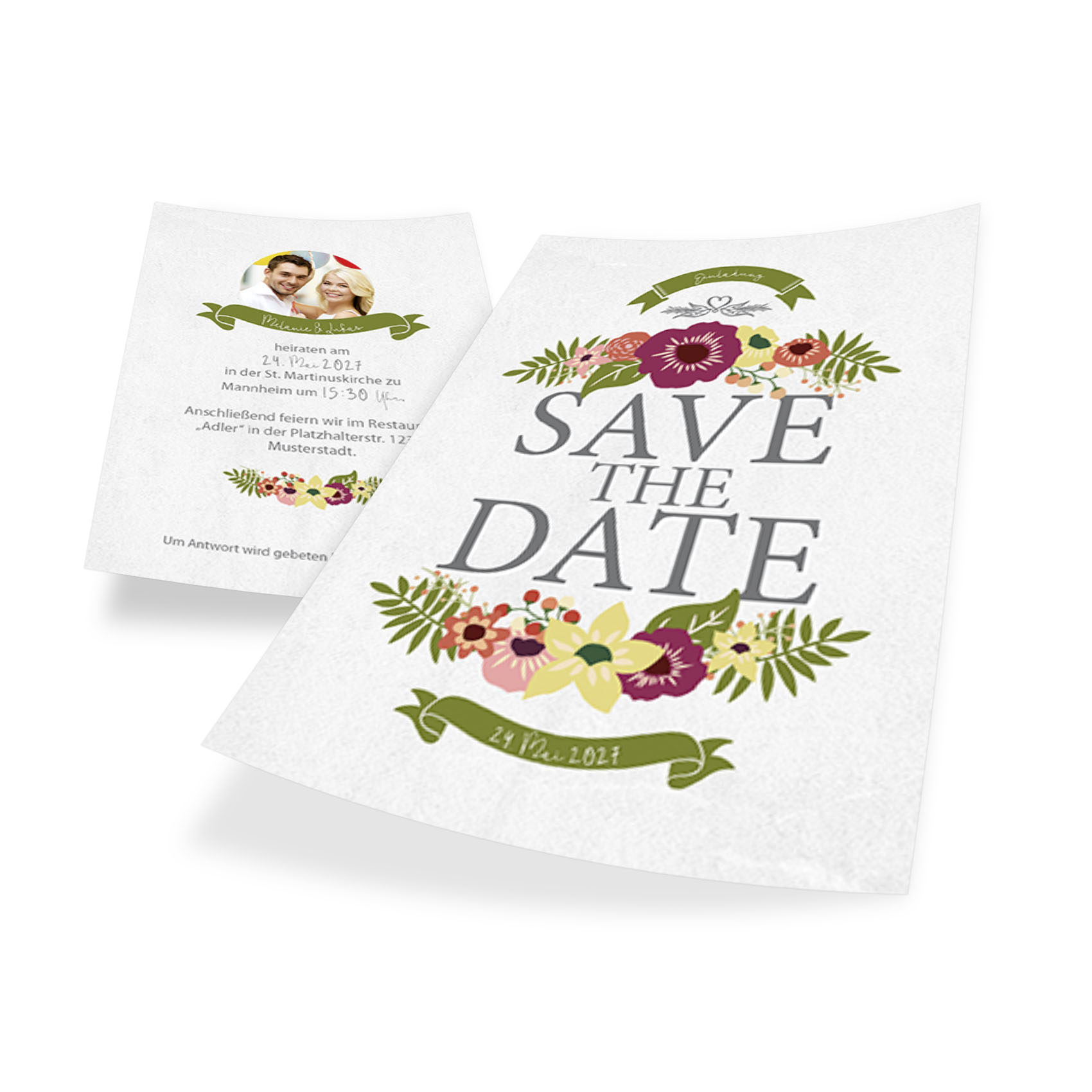 Hier ist die offizielle Einladung zur Hochzeit als kleine Save-the-Date-Karte