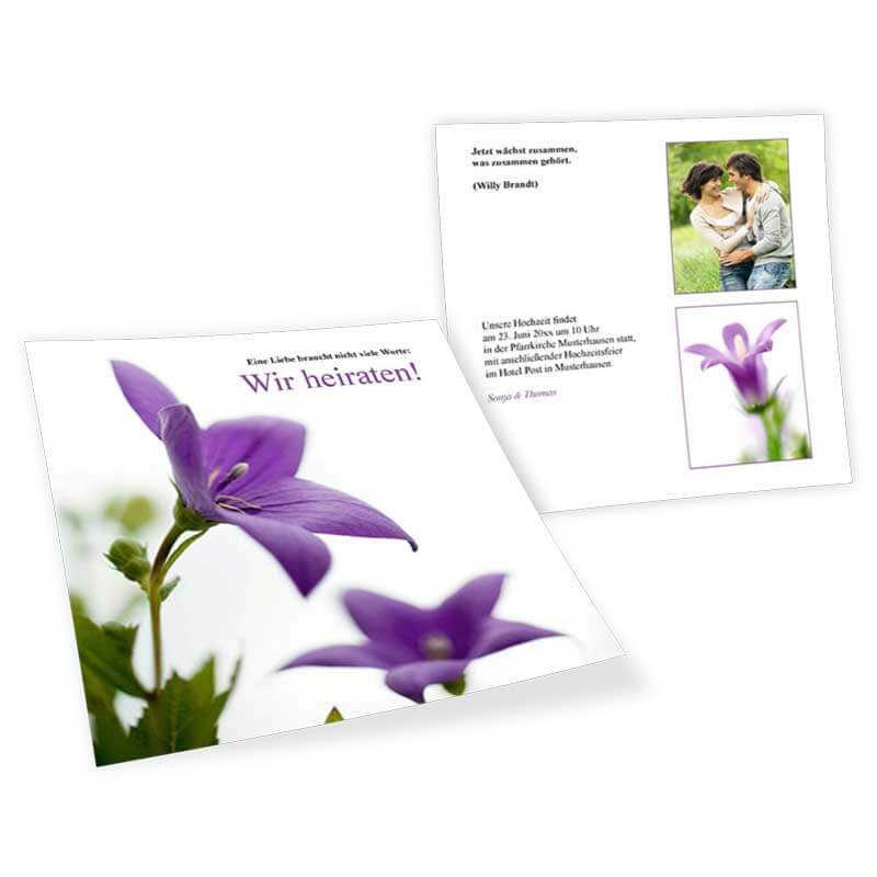 Quadratische Hochzeitskarte mit Blüten in Lila gestalten und günstig drucken lassen