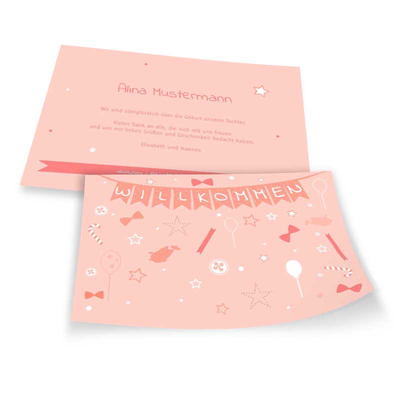 Verspielte Mädchen Willkommenskarte zur Geburt in Rosé-Weiß