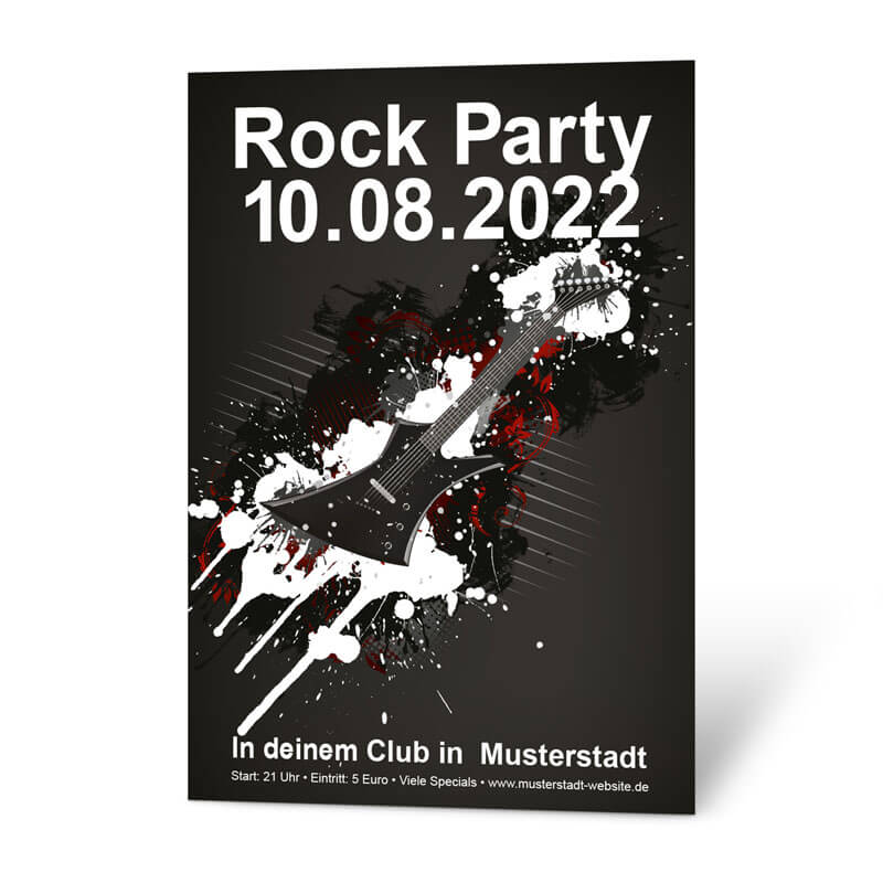 Rock ist hart und laut. Dieses Plakat für eine Rock-Party drückt dieses Feeling aus. Gestalten Sie Ihr Plakat online.