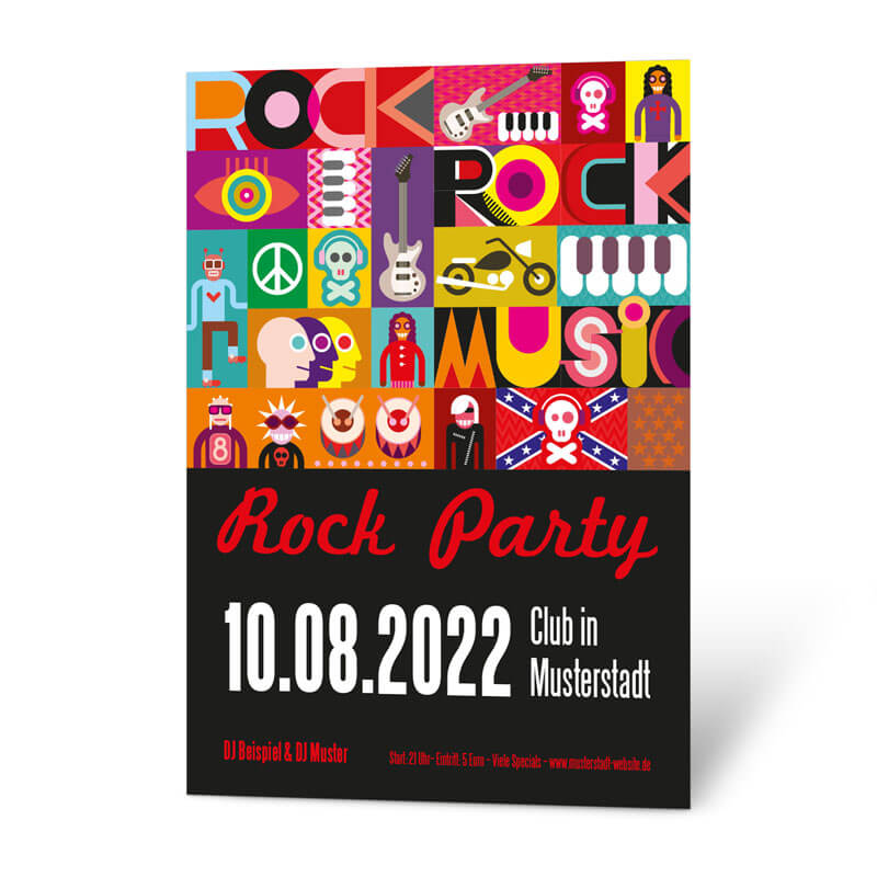 In diesem Plakat für eine Rock-Party steckt alles. Retro, Style und unglaublich viel Power. Erstellen Sie dieses Plakat online. 