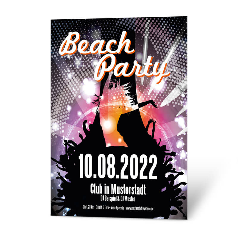 Dieser Plakatentwurf Beach-Party ist unglaublich discolike und heizt die Stimmung an. Nutzen Sie unser Design.