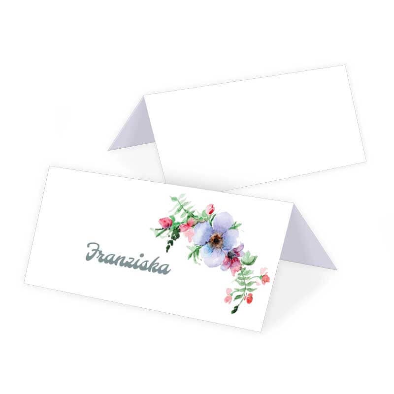 Personalisierbare Tischkarte für die Hochzeitsfeier mit Blumenkranz in Pastelltönen 