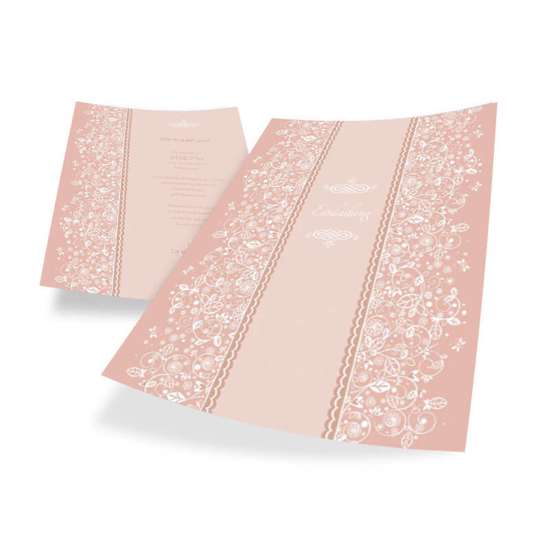 Personalisierbare Einladungskarte zur Hochzeit mit Spitzenmuster in Pastelltönen 
