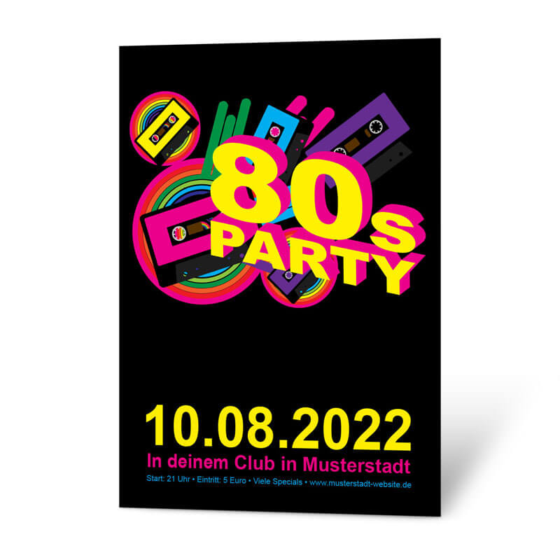 Sie planen eine Party im Stil der 80er Jahre? Dann haben Sie soeben das passende Plakat gefunden, das Sie online gestalten können.