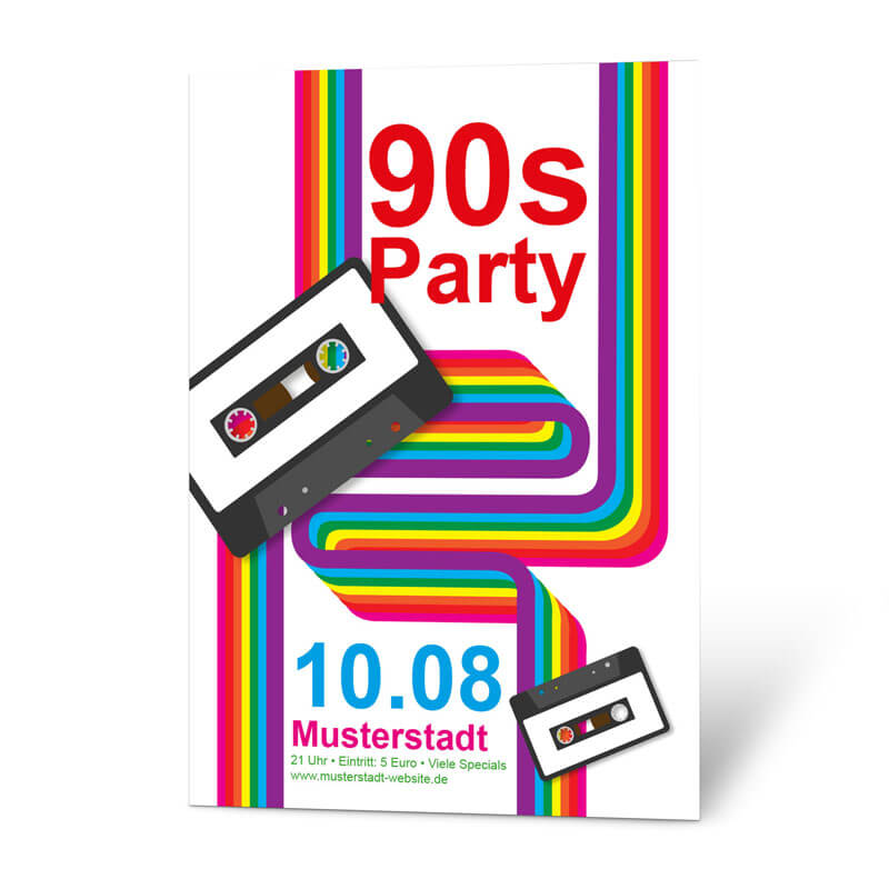 Jetzt wird es Zeit für Partys im Stile der 90-er. Falls Sie eine 90s Party veranstalten, hier ist das passende Plakat.