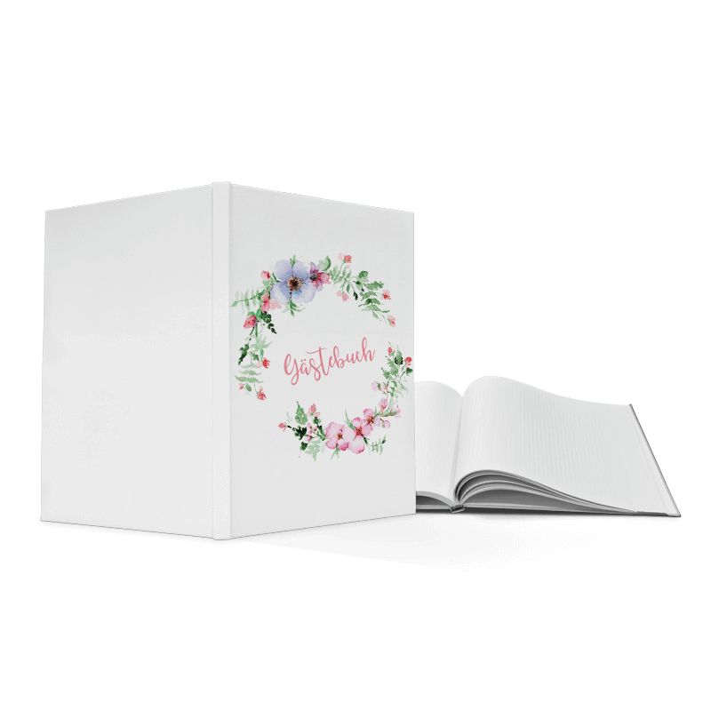 Hardcover Gästebuch A4 mit Blumenkranz-Motiv für Ihre Hochzeit