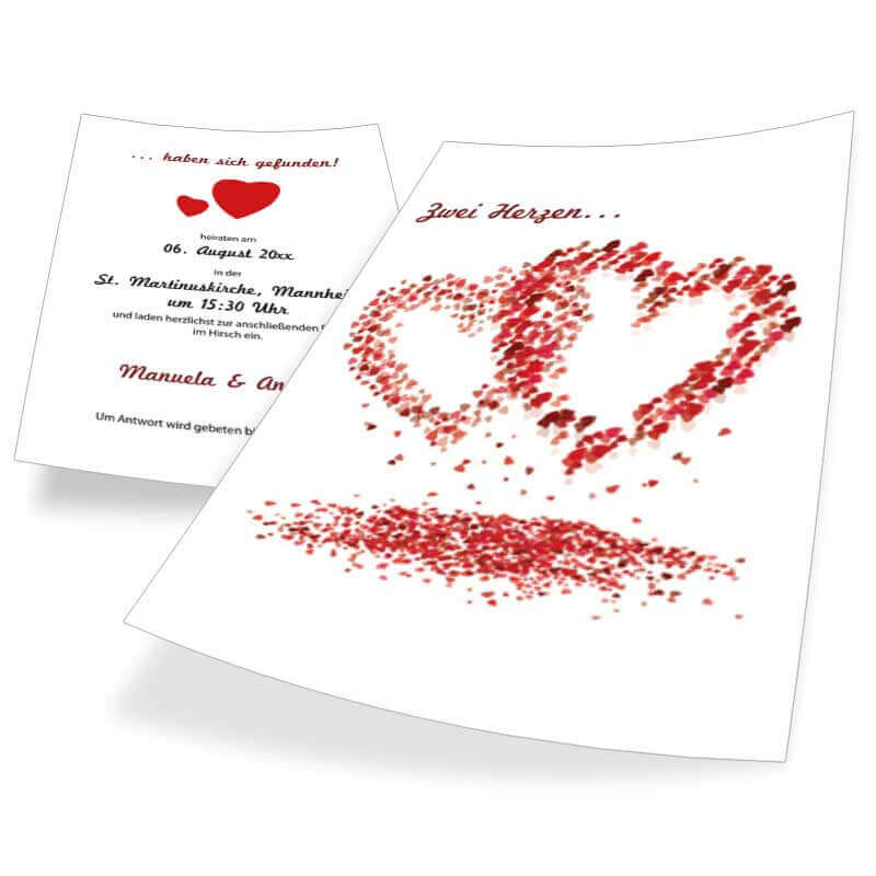 Hochzeitskarten in A5 hoch mit romantischem Herzregen-Motiv