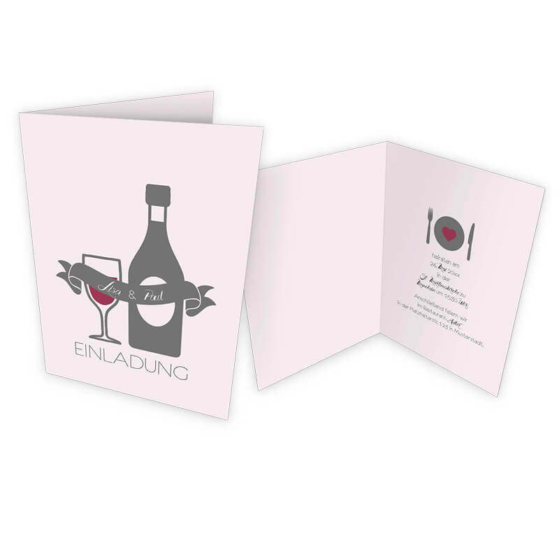 Klappkarte A6 mit Flasche und Weinglas für Hochzeiten und andere Feste
