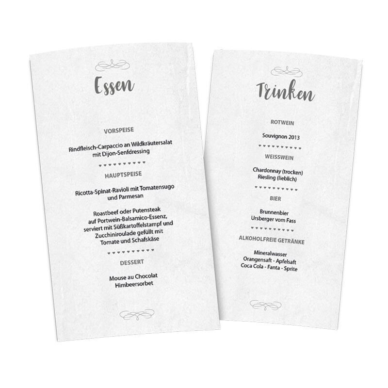 Schlichte Hochzeits-Karte als Menü-Aufsteller mit eleganter Typografie