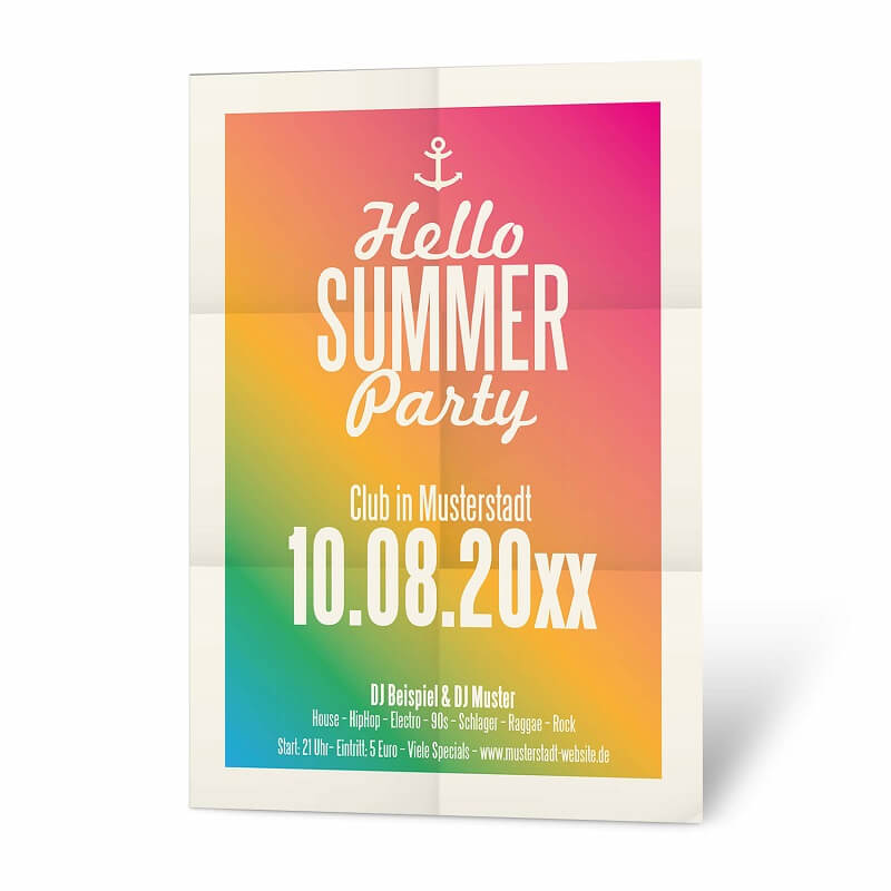 Sie veranstalten eine lockere Hello Summer-Party und suchen eine passende Plakatvorlage, die Sie online gestalten können?