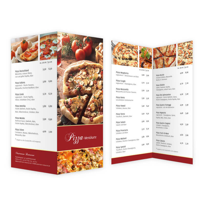 Diese Pizzakarte macht richtig Appetit. Die Gäste sehen herrlich angerichteten Pizzen und schön dekorierte Zutaten.