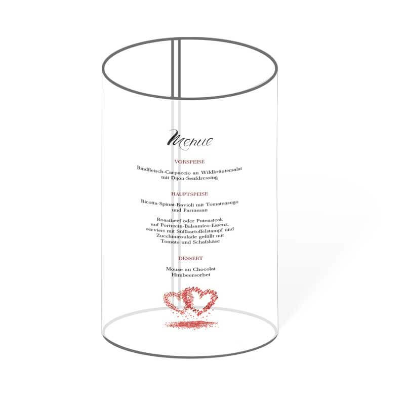 Kreative Hochzeits-Menükarte: Kerzenlicht beleuchtet Text und Herzregen Illustration