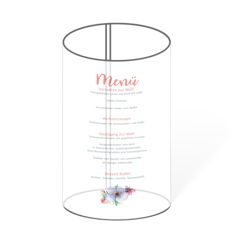 Hochzeits-Romantik pur: Blumenkranz auf Windlicht-Menükarte