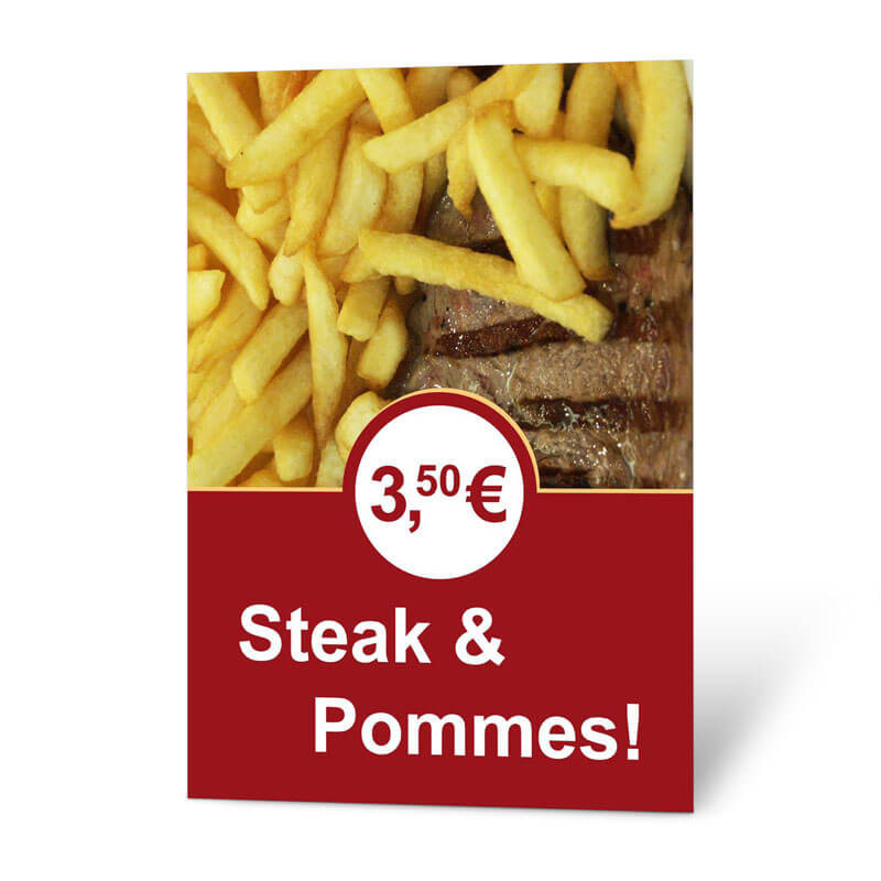 Für den spontanen Verkauf von Steak und Pommes hilft Ihnen das passende Plakat, das Sie online gestalten können