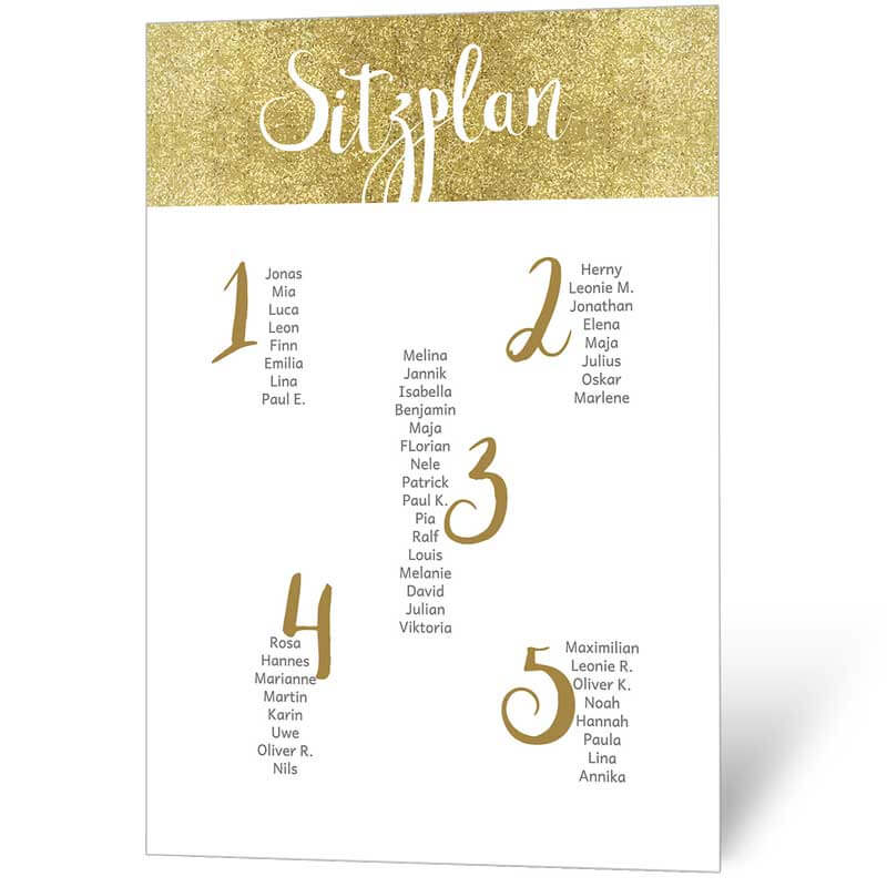 Hochzeits-Sitzplan mit edel-eleganter Gold-Farbgebung und stilvoller Typografie
