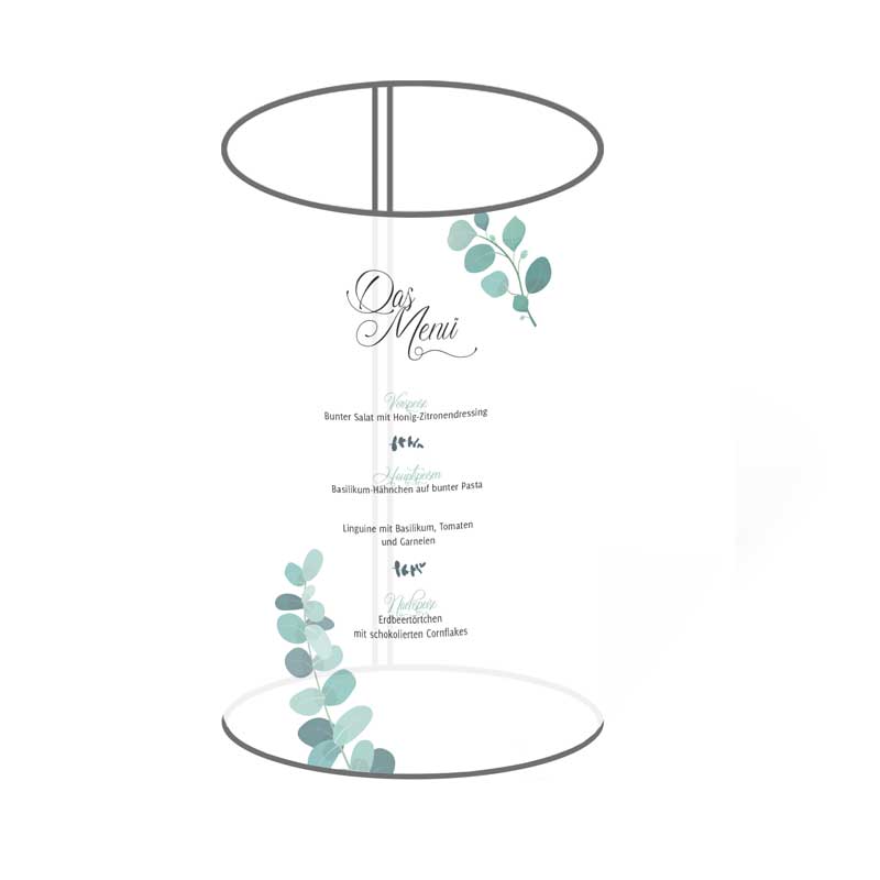 Windlicht-Menükarte für Ihre Hochzeitsfeier mit frischem Eucalyptus-Motiv