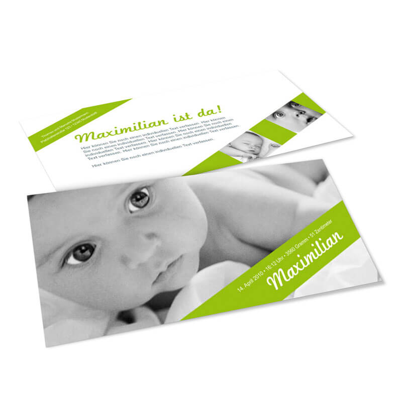 Eine Babykarte kann auch in frischem Grün gestaltet werden. Hier finden Sie die passende Karte für Buben und Mädchen.