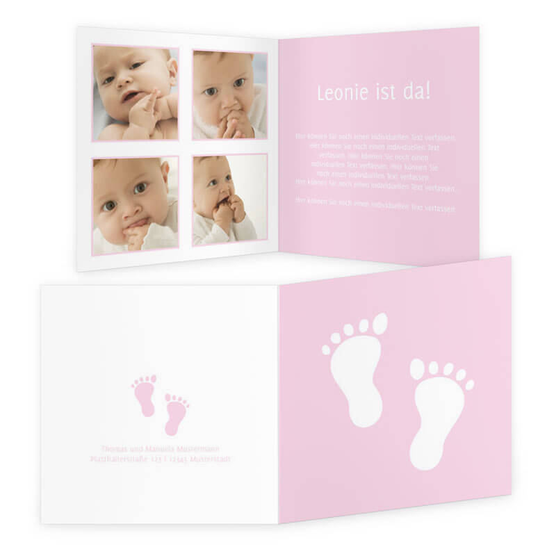 Besonders schöne quadratische Babykarte in rosa mit zwei Fußabdrücken auf dem Titel und der Rückseite der Geburtskarte