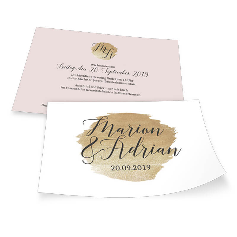 Hochzeits-Einladung mit simuliertem Gold und zeitgemäßer Typografie