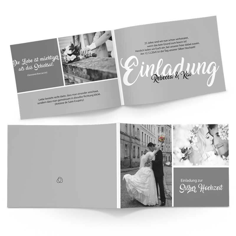 Passend zur Silber-Hochzeit: Einladungskarte in eleganten SW -und Grautönen