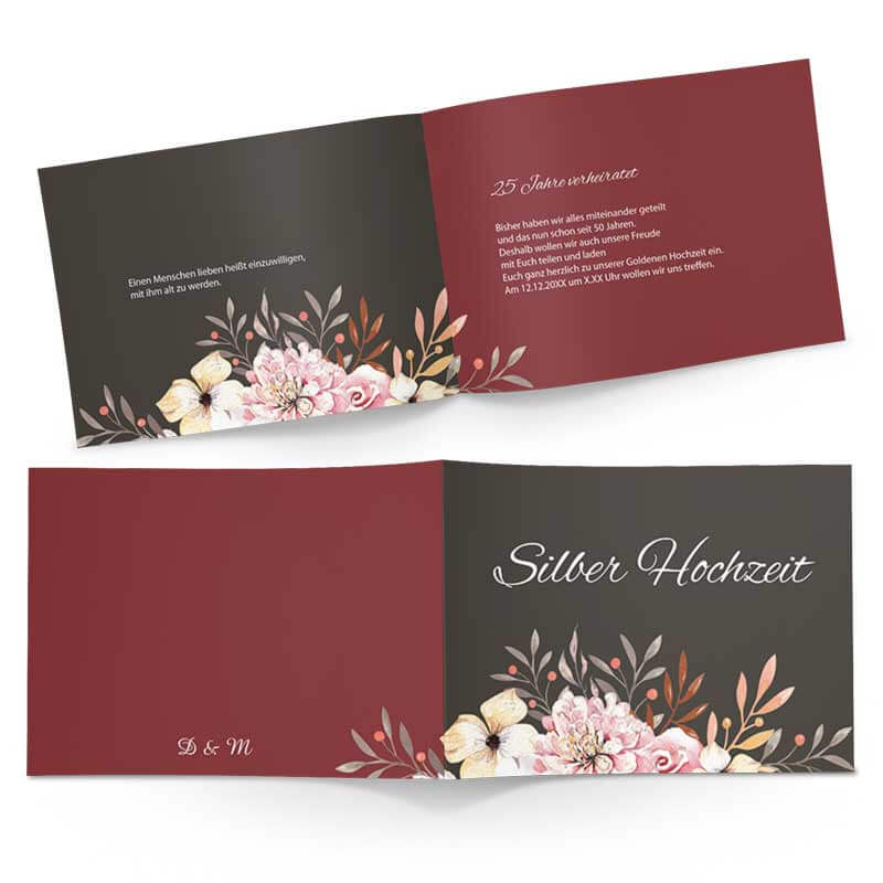 Klappkarte als Hochzeitsjubiläums-Einladung mit dezenter Blumen-Illustration