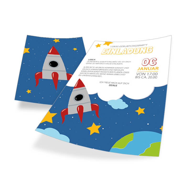 Ab ins Weltall: süße Kindergeburtstags-Einladung mit Raketen-Motiv