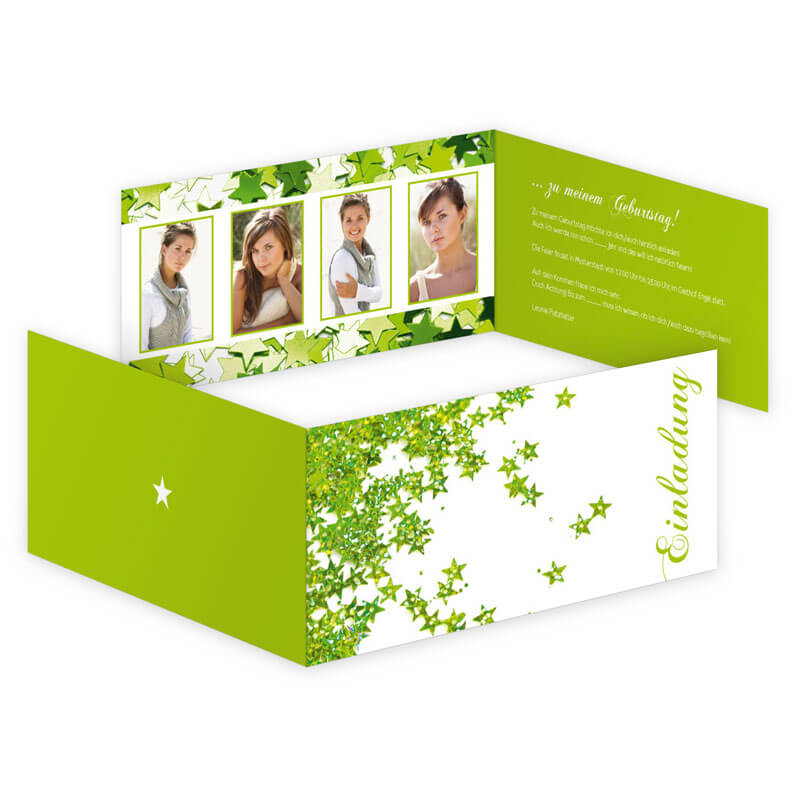 4-seitige Einladungskarte mit einem frischen Grün und winzigen Sternchen