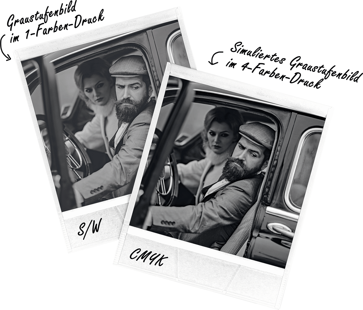 Graustufenbild und Graustufenbild simuliert in CMYK